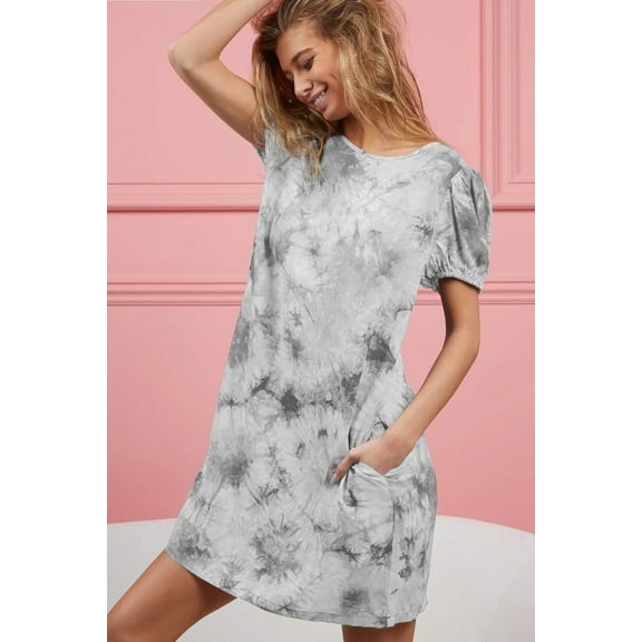 BiBi Puff Sleeve With Side Pockets Tie Dye Dress - LT Grey