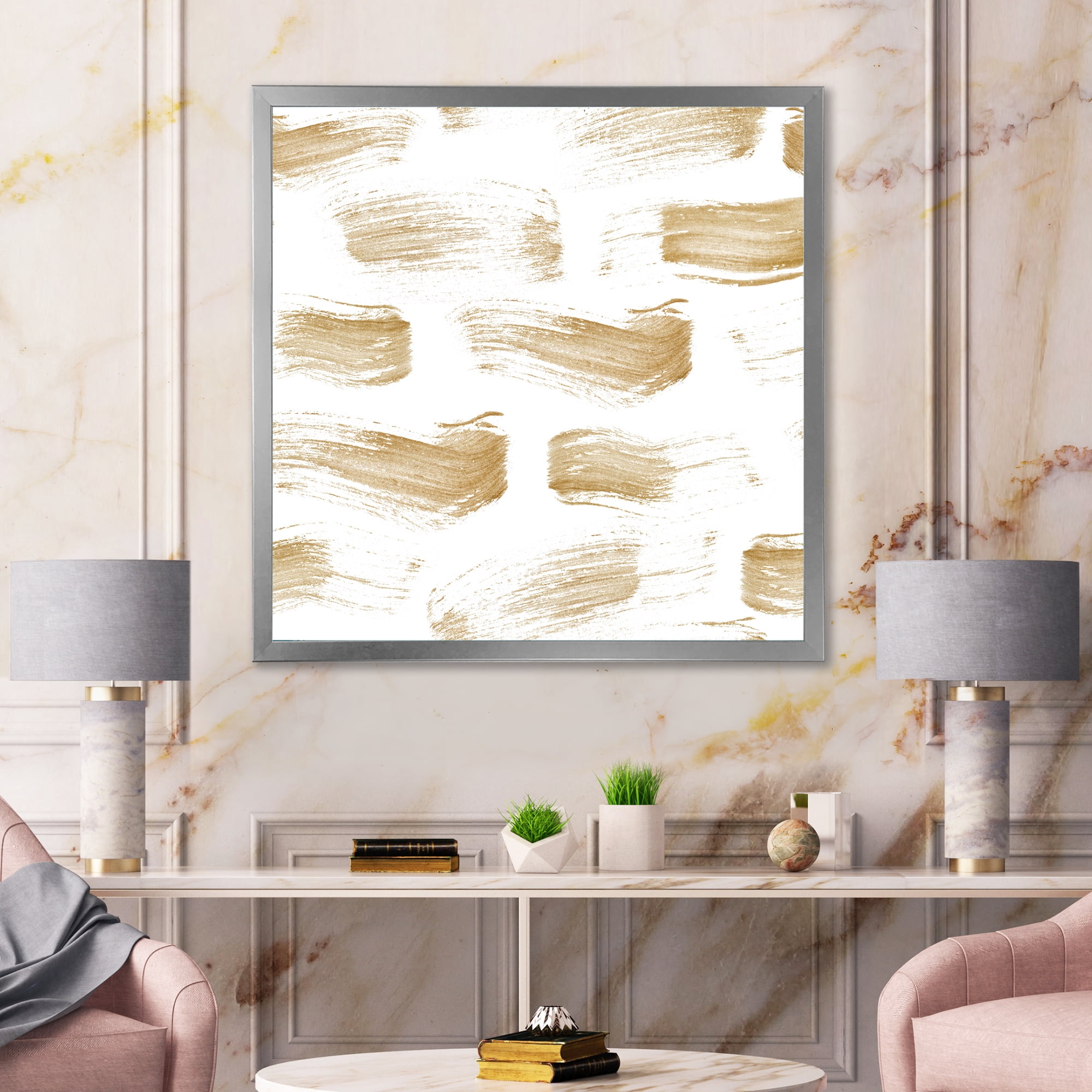 Designart 'Golden Abstract Brush Strokes' Modern Framed Art Print