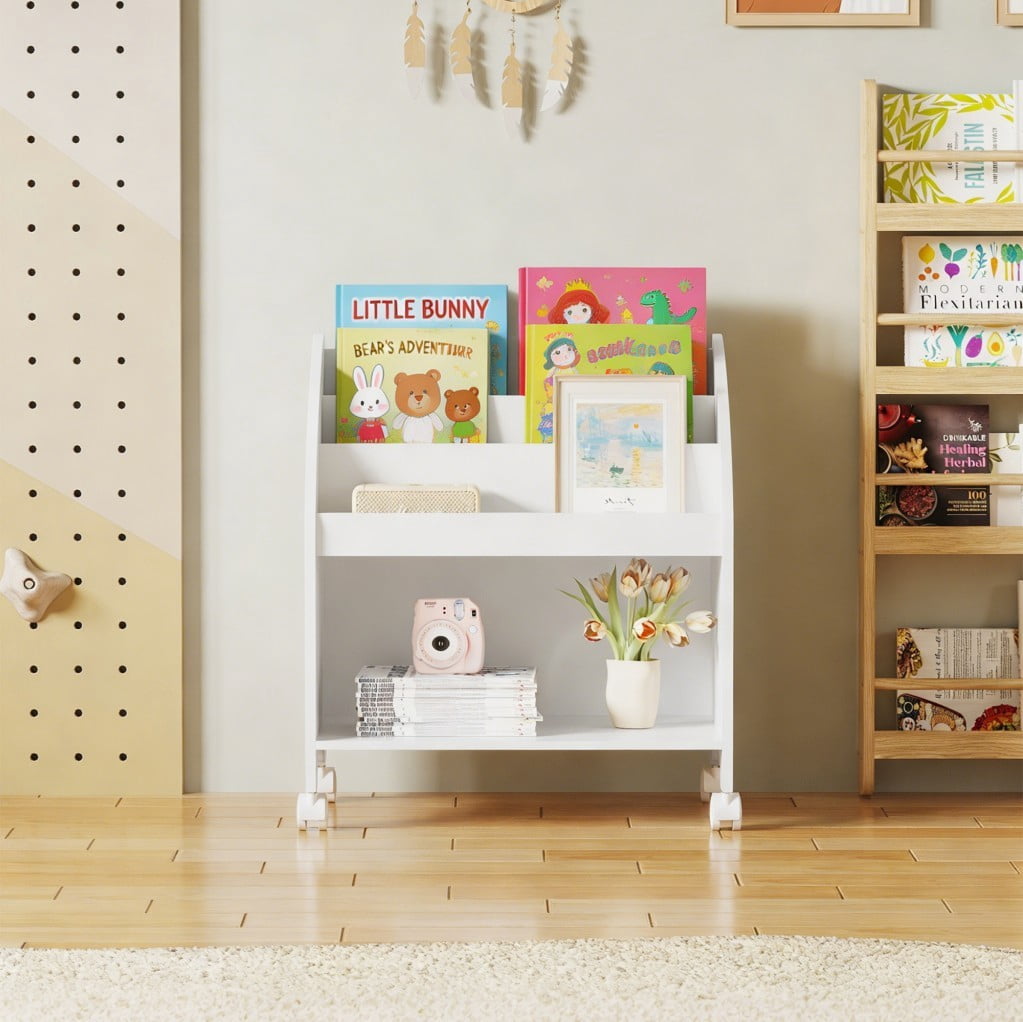 Kids Bookshelf with Wheels, 3-Tier Front-Facing Bookcase, Rolling Book Organizer with 360° Lockable Casters, MDF Storage Shelf for Nursery, Bedroom & Playroom