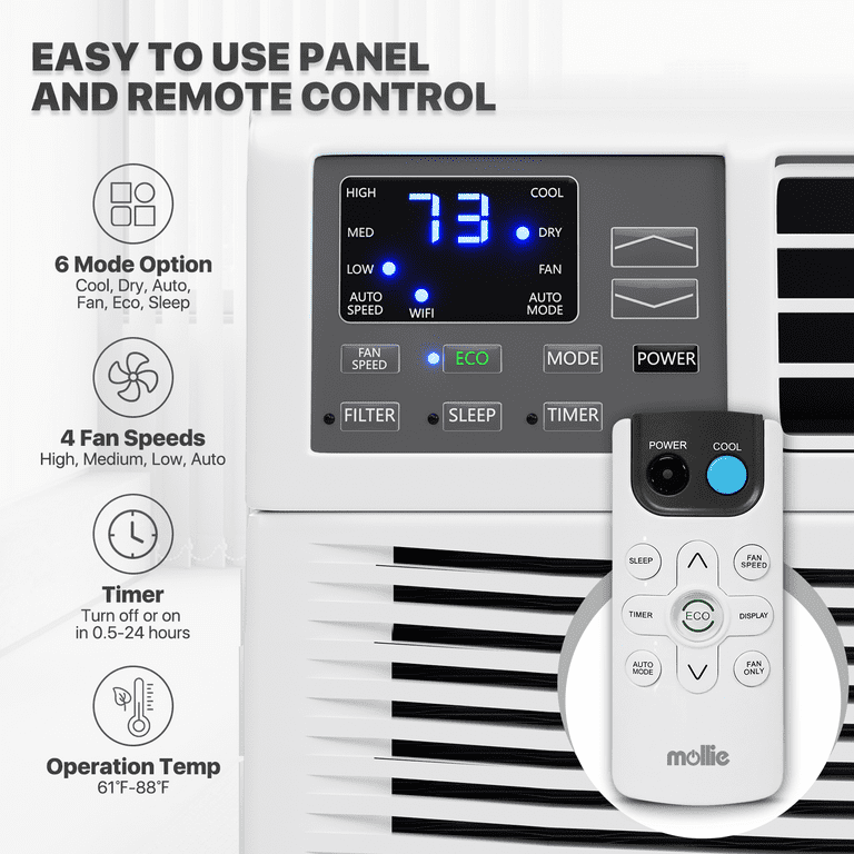 mollie 12 000 BTU Air Conditioner Window Unit with WIFI Enabled Energy Saving Room Air Conditioner with Remote Control Timer Function Cools Up to