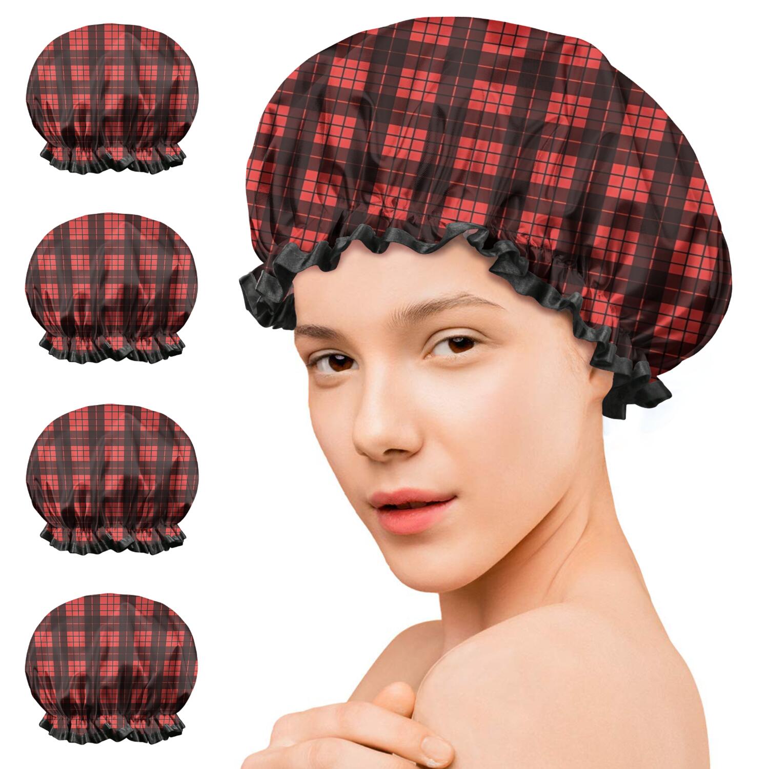 Shower Caps,Red and Black Christmas Plaid Pattern Waterproof Shower Cap for Women 4 Pieces,Double Reusable Hair Cover for Shower PEVA Elastic Stretch Hem