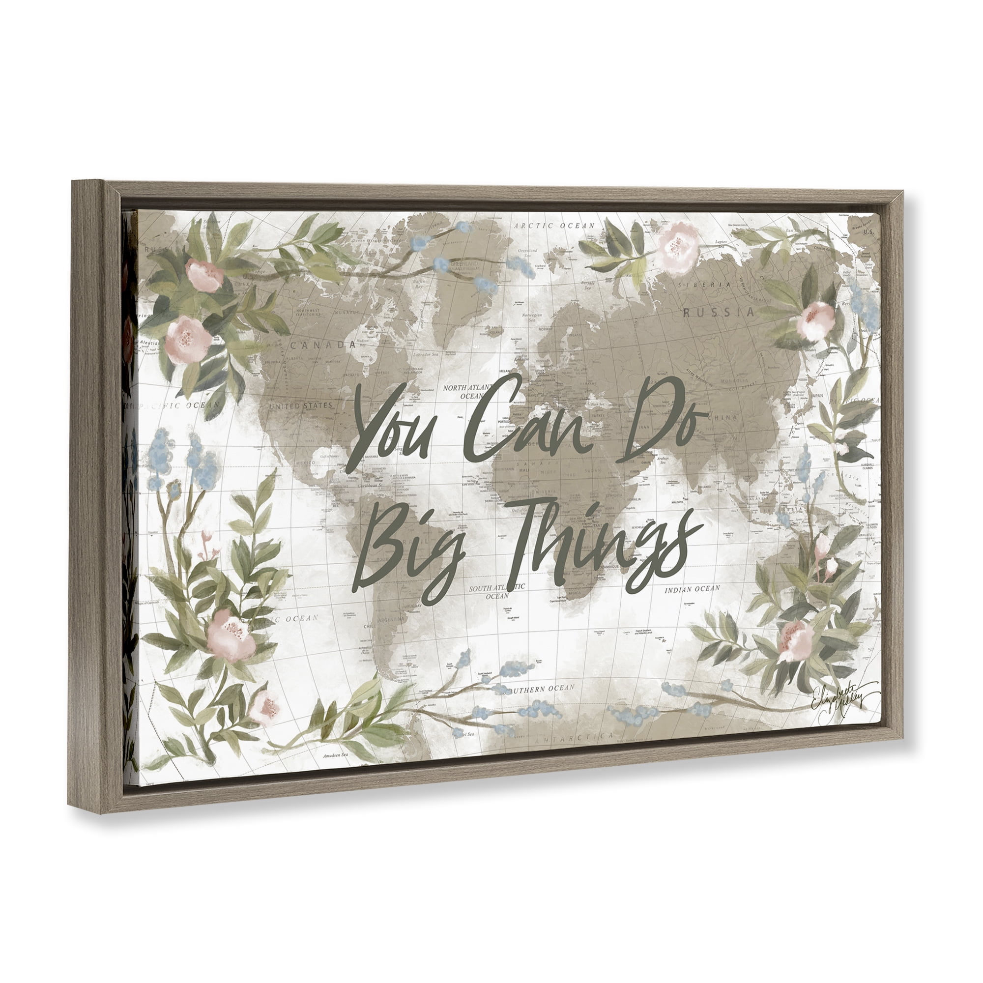Stupell Industries Inspirational Floral Map Plants & Flowers Painting Brown Floater Framed Canvas Art Print Wall Art, 25 x 17