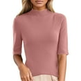 thumbnail image 2 of YEJIMAN Elbow-Length T-shirt, Pink Oversized Tshirts For Women, Women's Sweater Slim Fit Half Neck 5 Five Point Mid Sleeve Base Sweater Top,, 2 of 9