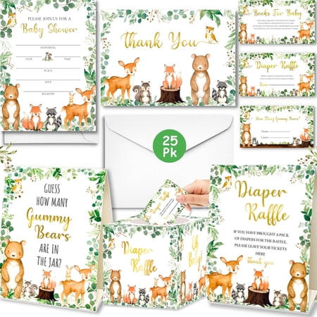 53 Pc Woodland Baby Shower Invitations for Boy or Girl – With Envelopes, Thank You Cards, Book Request, Diaper Raffle Box & Game Cards – Gender Neutral Baby Shower Party Set for 25 Guests