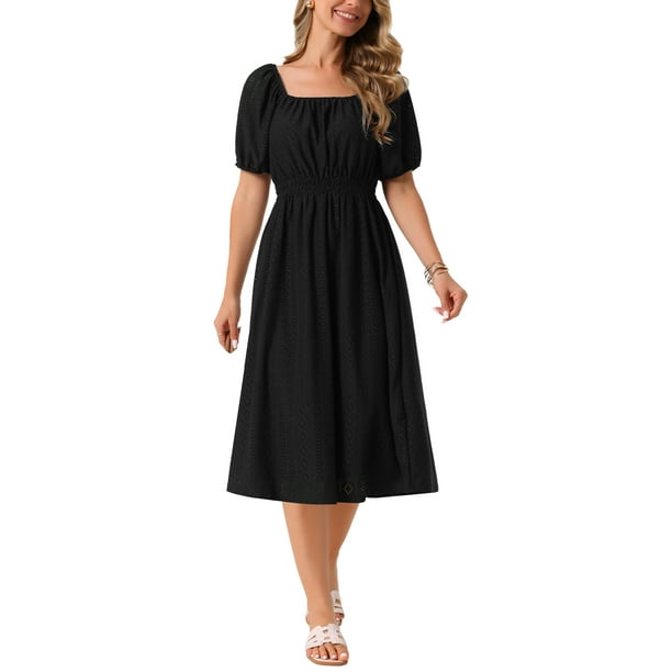 INSPIRE CHIC Vestidos de Ojal para Mujeres con Cuello Cuadrado, Manga Corta Abullonada, Casual, Corte A, Vestido Midi de Verano, Negro
