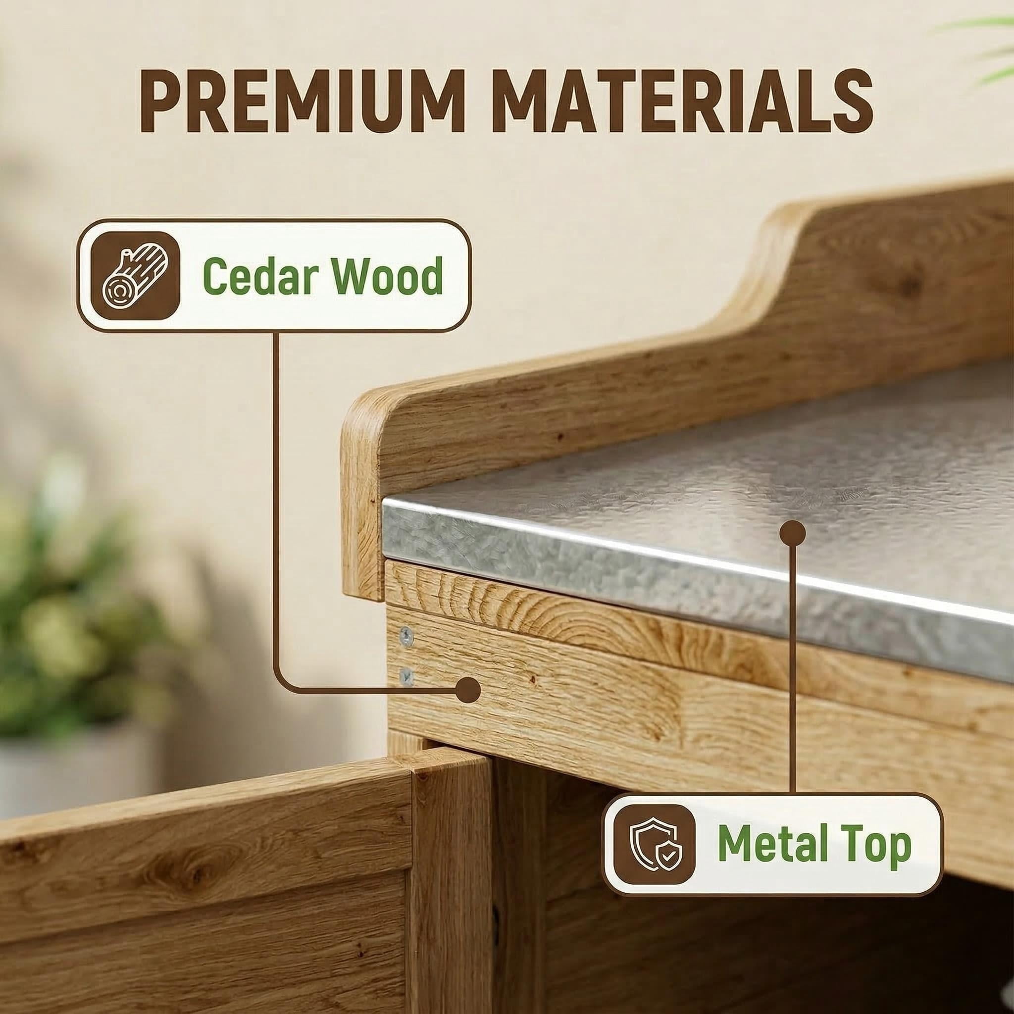 Lofka Outdoor Wooden Storage Cabinet with Potting Bench, Natural Wood Color, Weatherproof Garden Work Station, Patio Tool Shed for Backyard