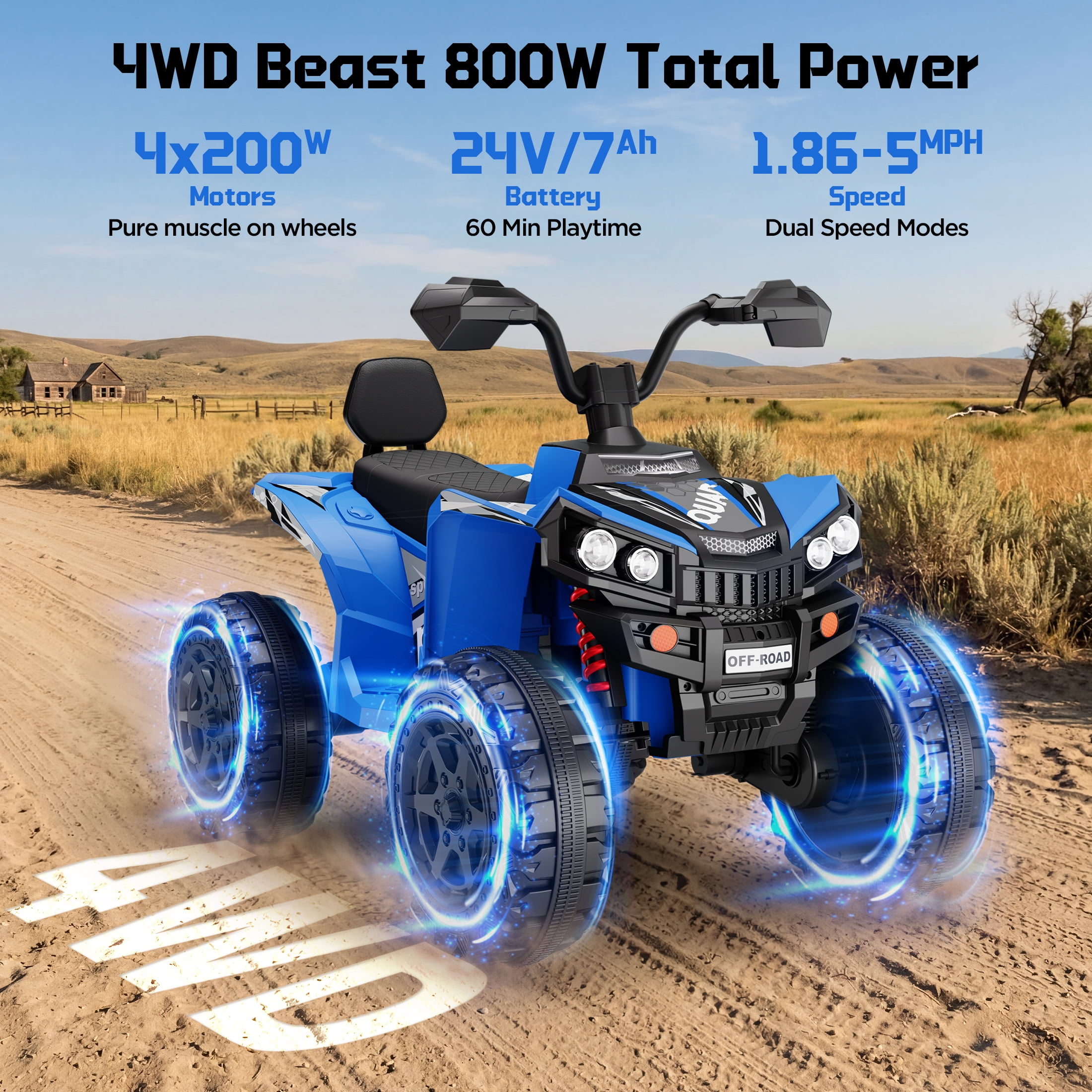 Wisairt 24V Ride on ATV Toys, 4WD Kids ATV 4-Wheeler for Big Kids with 2 Seater, Electric Quad 800W Motor, Blue