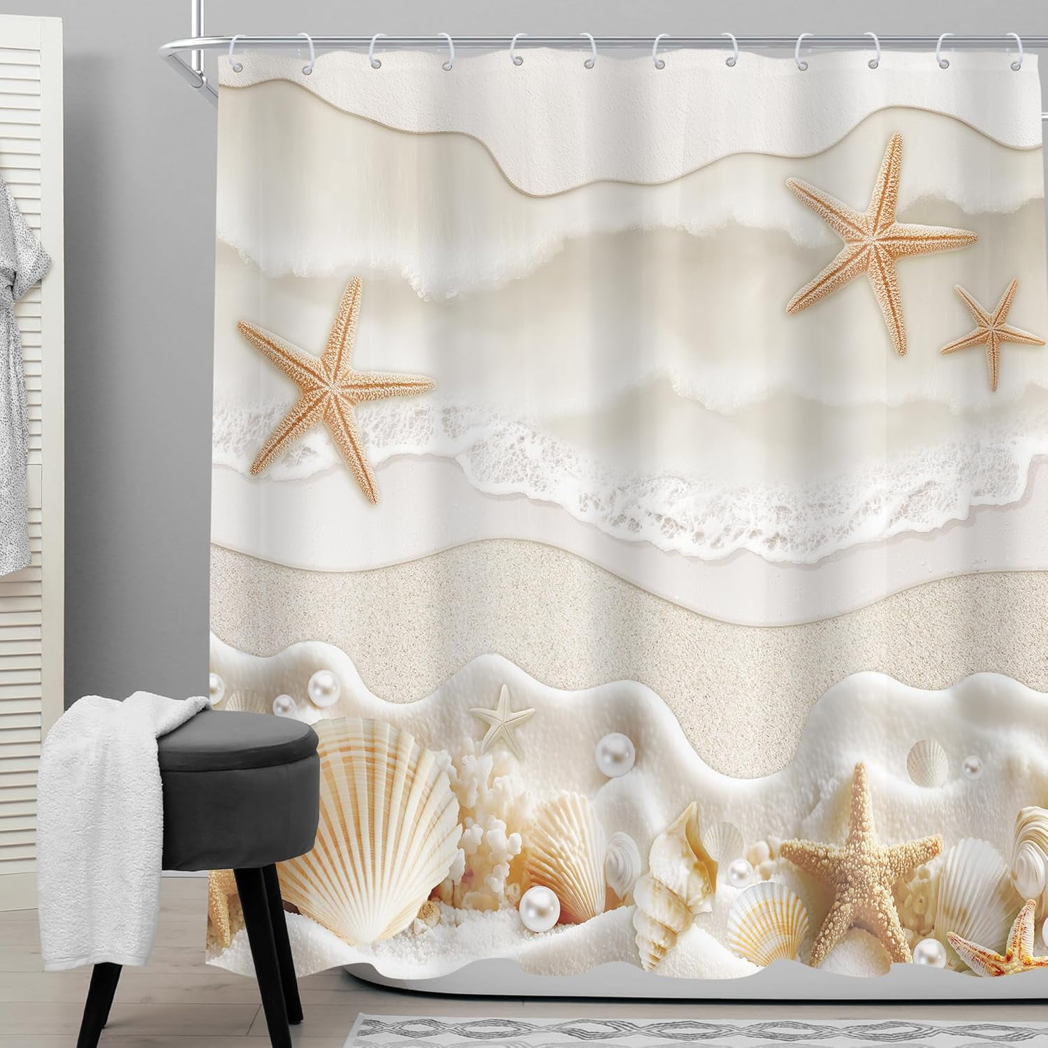 Starfish Beach Coastal Shower Curtain Beige White Ocean Seashells Conch Pearl Coral Seacoast Sand Sea Waves Bathroom Curtain Set Modern Bath Bathroom Accessories Decor-72"W x 72"L (Pack of 1)