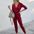 thumbnail image 4 of Long Sleeve Pants Jumpsuit Slim Lace Up V Neck Polyester Fashion Casual Women's Clothing Wine Red XL, 4 of 7