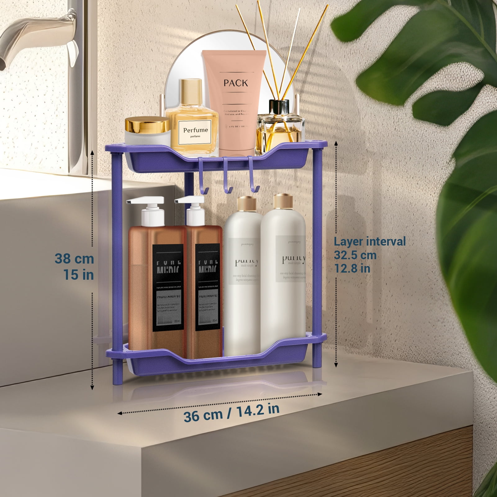 2 Tier Standing Shower Caddy for Bathroom Organizer: Rustproof Corner Shower Shelves Storage with Large Capacity - Shower Organizer Rack for Bathroom Essentials, Purple