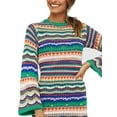 thumbnail image 3 of Women Long Sleeve Crochet Dress Boho Casual Hollow Out Striped Short Dress Knit Sweater Mini Dress, 3 of 7