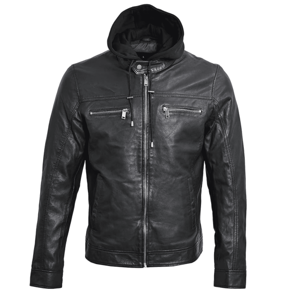 BLUE WELLFORD Live Us Men's Leather Hooded Jacket Black Biker Jacket with Zip Cuffs, Chest Pockets, and Side Pockets