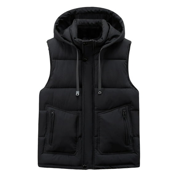 Men's Winter Hooded Vest, Solid Color Down Cotton Detachable Hood Multi-Pocket Loose Thick Casual Coat for Outdoor Travel and Cold Weather Wear,Black,4XL