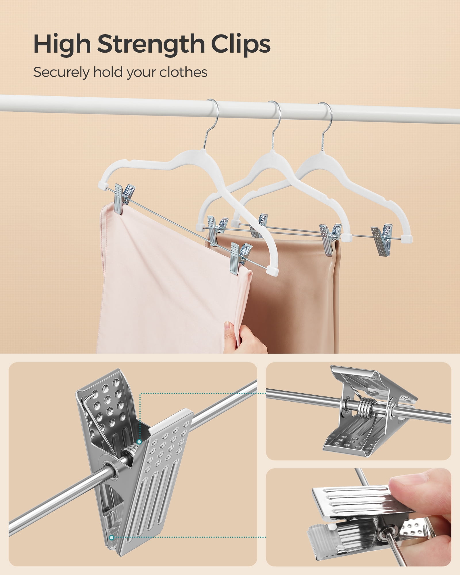 50-Pack Velvet Non-Slip Hangers with Adjustable Clips, 16.7" Heavy Duty Space Saving Hangers for Pants, Skirts, Dresses, White