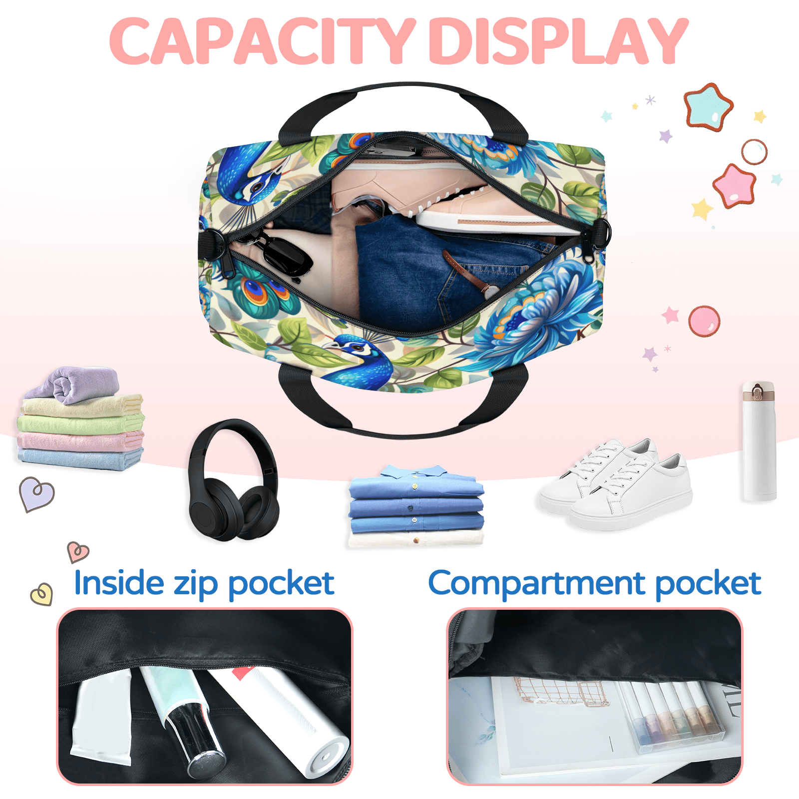 Herdesigns Peacock Travel Duffle Bag Sports Yoga Weekender Overnight Carry on Workout Bags Lightweight Waterproof Gym Tote Bag for Women Blue Beautiful Bird Flower