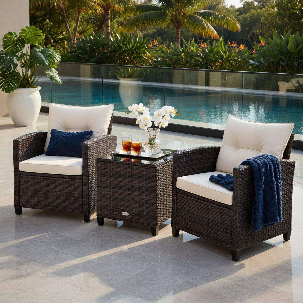 Hommoo 3-Piece Outdoor Rattan Patio Furniture Set with Cushions, Wicker Conversation Set Including 2 Chairs & 1 Coffee Table, White