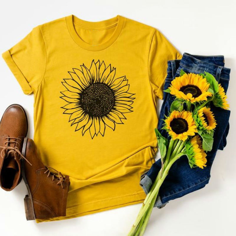 TRENDINAO Women Sunflower Print T-Shirts,Girl Graphic Short Sleeve O Neck Tee Summer Casual Loose Plus Size Blouse Tops