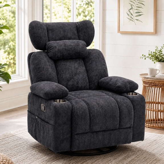 Leumius 360° Swivel Recliner Chair, Single Recliner with Adjustable Detachable Neck Pillow Ergonomic and Cup Holders, 300lbs Capacity Versatile Lounge Chair for Living Room Bedroom Home Theater