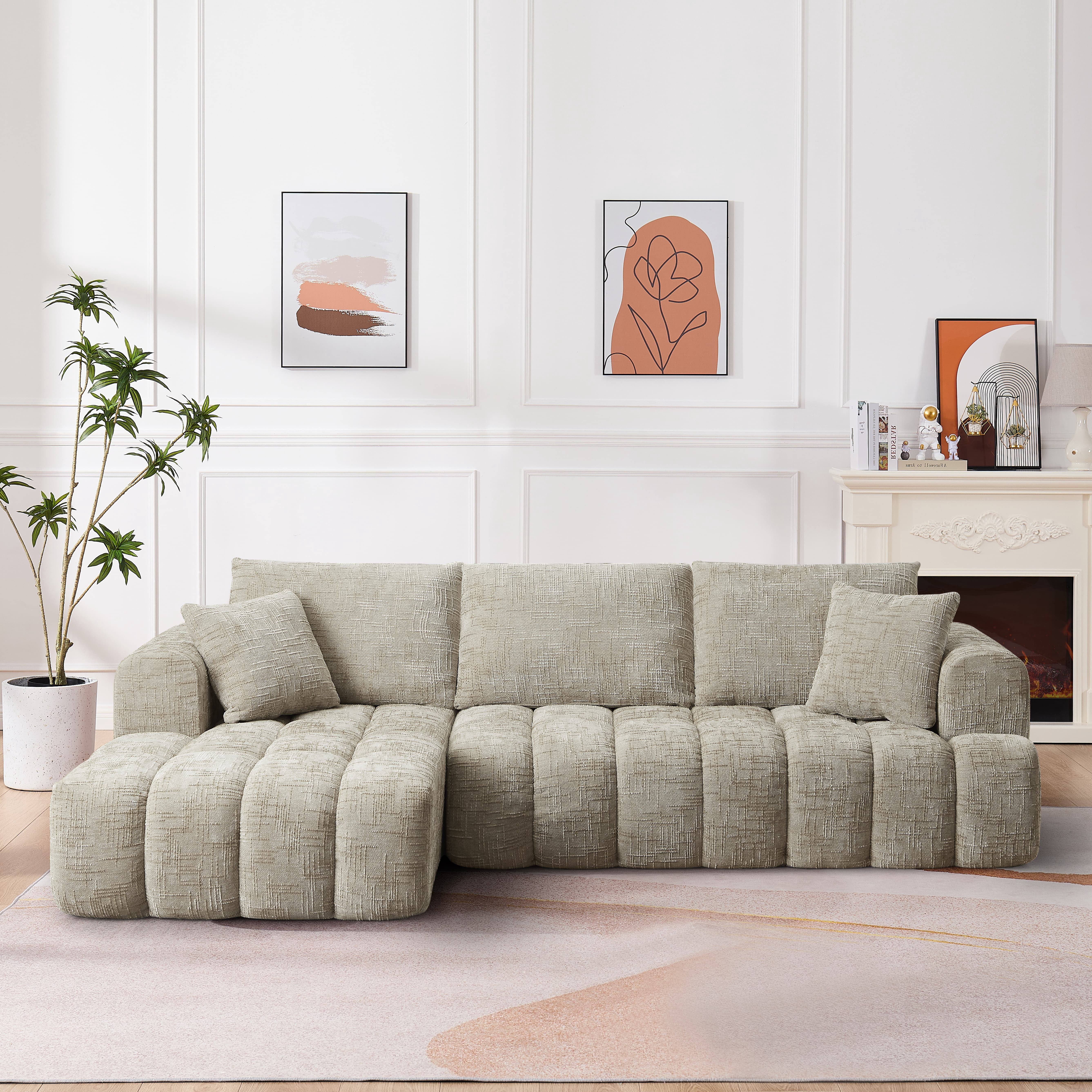 MAYEERTY 108.3" Khaki Chenille L-Shaped Modular Sectional Sofa, Pocket Spring No Assembly Couch for Living Room Apartment