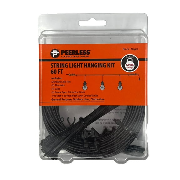 60 ft Black Vinyl-Coated Wire Rope String Light Hanging Kit with Thimbles, Clips, Screw Eyes and Zip Ties, Peerless Chain, 4741060K