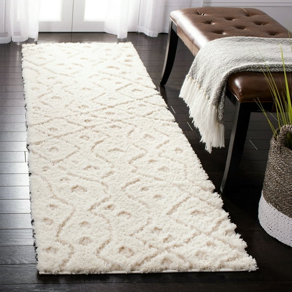 SAFAVIEH Sparta Francine Geometric Polyester Shag Runner Rug, Ivory/Beige, 2'3" x 8'