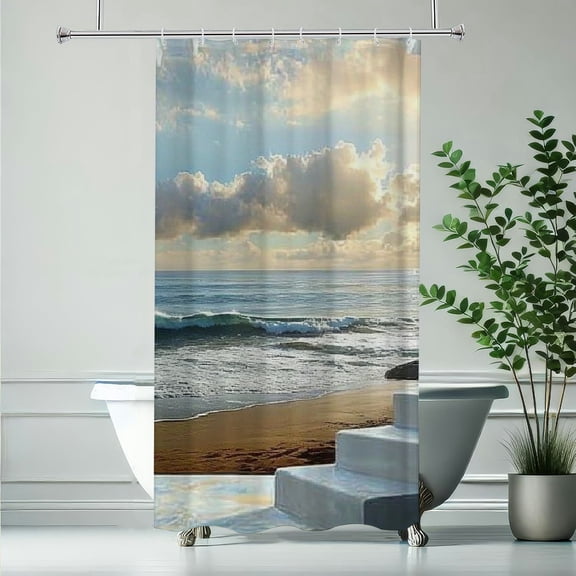 RKSupls Waterproof Shower Curtain, Ocean Staircase Beach Sunset Coastal View Polyester Shower Curtain with Hooks for Chic Elegant Home Bathtub Bathroom Decor Washable
