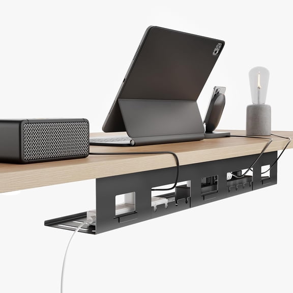 Under Desk Cable Management Tray, 31.5" Metal Cord Organizer Rack for Power Strips, Wires & Chargers, Easy Mounting Desk Tray for Home Office, Black