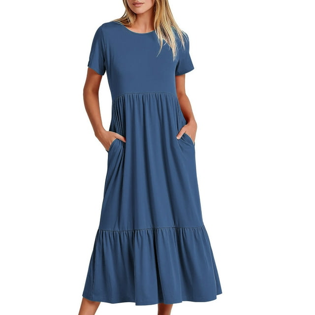 Meichang Robes pour Femmes Manches Courtes Col Rond Robes Midi Couleur Unie Volants Robes à Étages Coupe Ample Décontractées Longues Robes Robes d'Été Mode