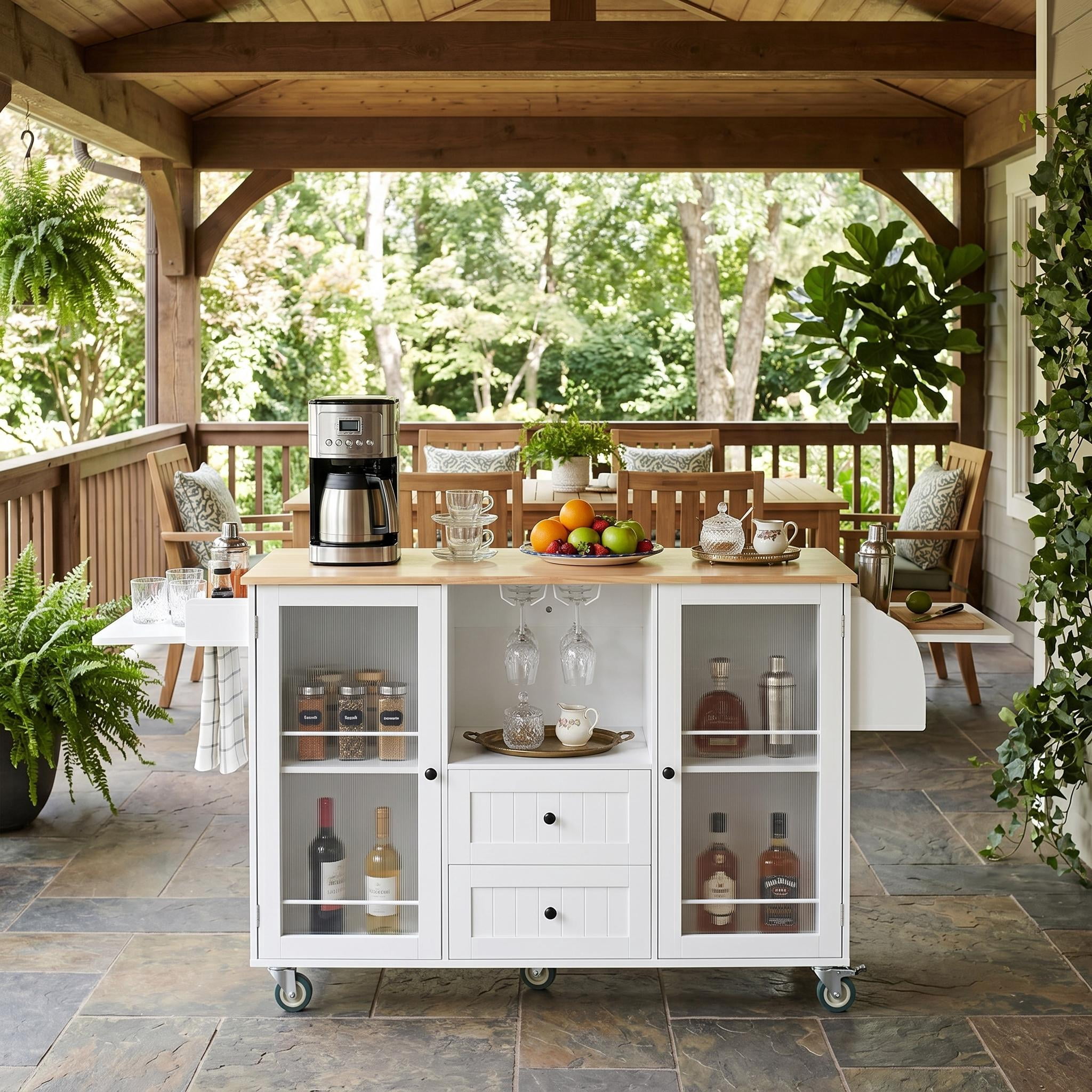 Homy Casa Rolling Kitchen Island Cart with Drop Leaf, Storage Cabinet, 2 Drawers & Wheels, White/Natural, for Small Kitchen, Dining Room, Coffee Bar