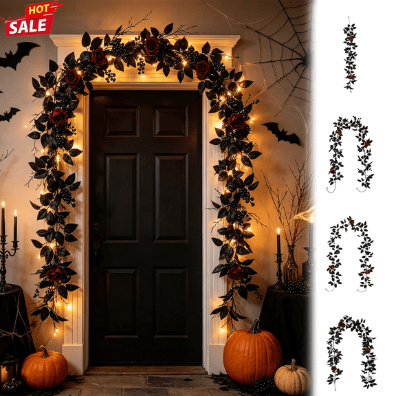 78.74in Artificial Black Leaf Red Rose Halloween Garland, Gothic Floral Vine for Door Arch, Mantel, Stair Railing, Indoor Outdoor Halloween Wedding Dark Party Home Decorations