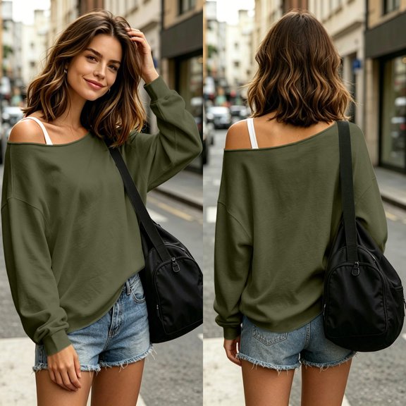 JOANKDMI Oversized T Shirts for Women Off The Shoulder Long Sleeve Slouchy Casual Streetwear Fashion Baggy Tops