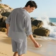 thumbnail image 5 of Paiyanr Cotton Linen Sets for Men Summer Breathable Shirts Shorts 2 Piece Outfits Solid Color Casual Long Sleeves Drawstring Waist Beach Shorts Sets, 5 of 9