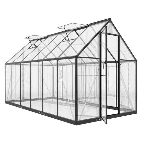 Polycarbonate Greenhouse 11x6 ft, Black - Walk-in Garden Greenhouse with Swing Door & Vents