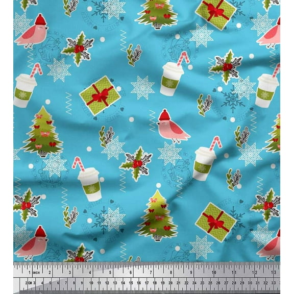 Soimoi Blue Cotton Duck Fabric Coffee Cup,Gift Box & Tree Christmas Print Fabric by the Yard 42 Inch Wide