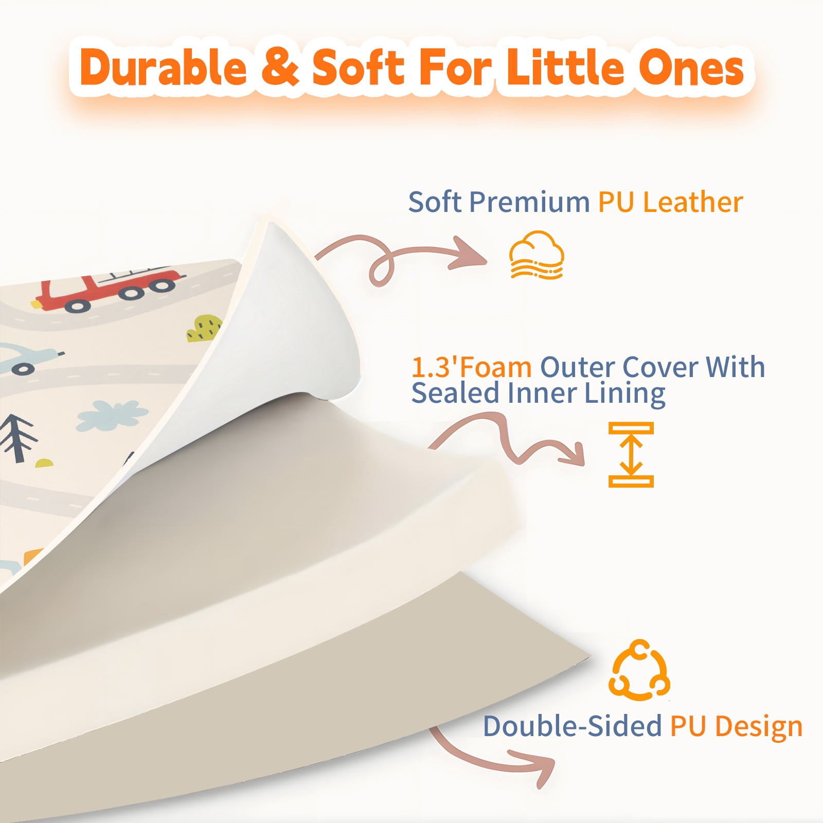 PU Leather Baby Play Mat, 50x50 Thick Foam Cushioned & Waterproof Playpen Mat for Infants and Toddlers (Double-Sided PU, Car)