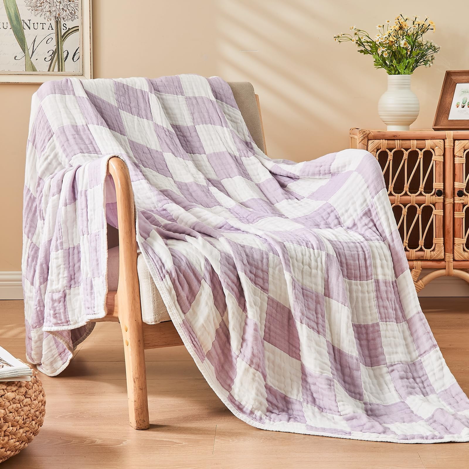 EMME Checkered Blanket Muslin Throw Cotton Bed Blankets for Adults 6 Layer 60"x80" Lightweight Soft Breathable All Season Gauze Blanket, Checkeredboard Purple