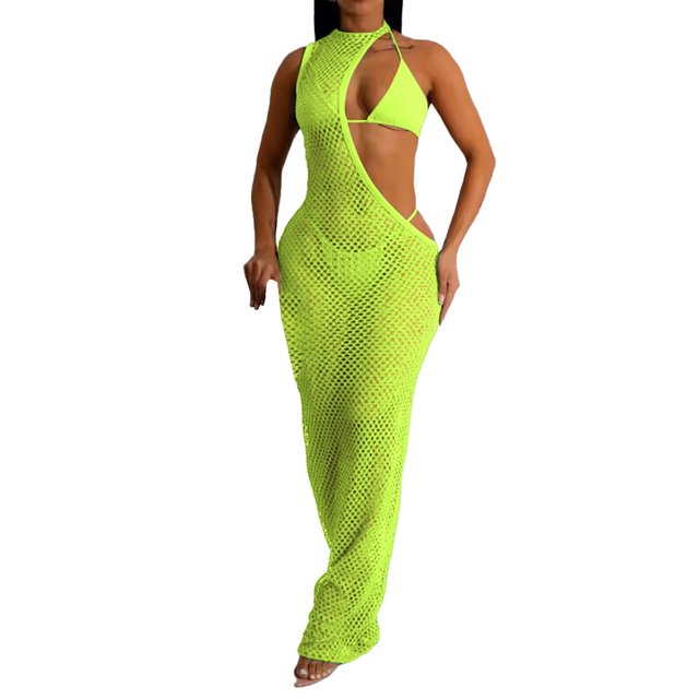 Gibobby Vestido Causal para Mujer de Verano Conjunto de piezas de vestido de red estilo playa sexy de color sólido para mujer(Verde,M)