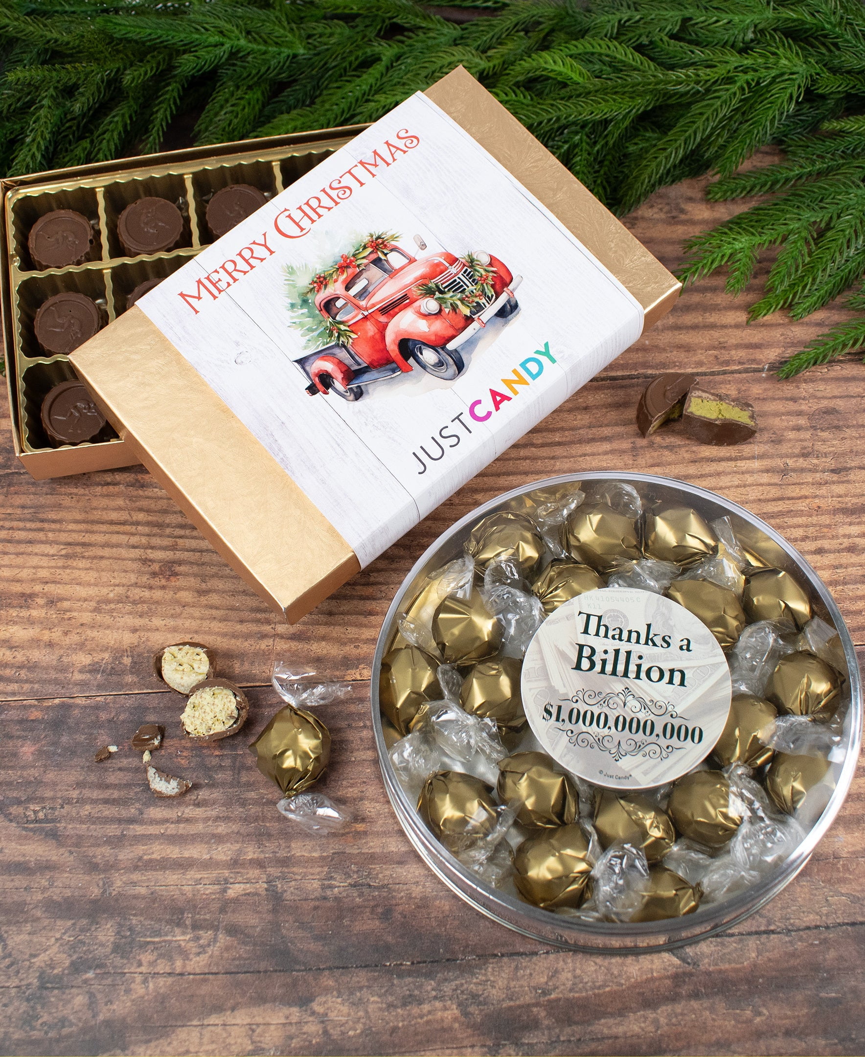 Merry Christmas Gold Gift Box Filled With 15 Dubai Chocolate Truffles - Christmas Tree