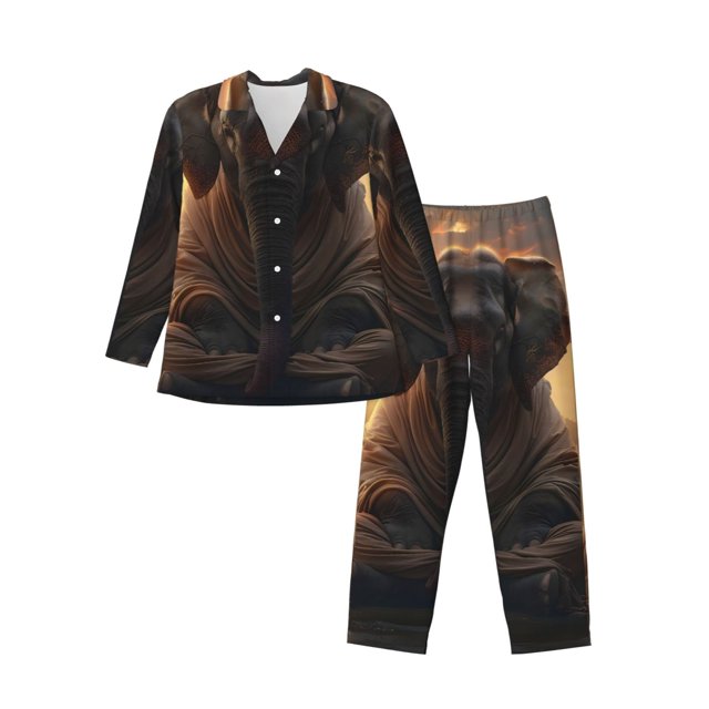 Fotbe Lake Meditating Elephant Pijama de Hombre con Estampado de Manga Larga, Conjunto de 2 Piezas, Ropa de Dormir Suave y Cómoda con Bolsillos-Large