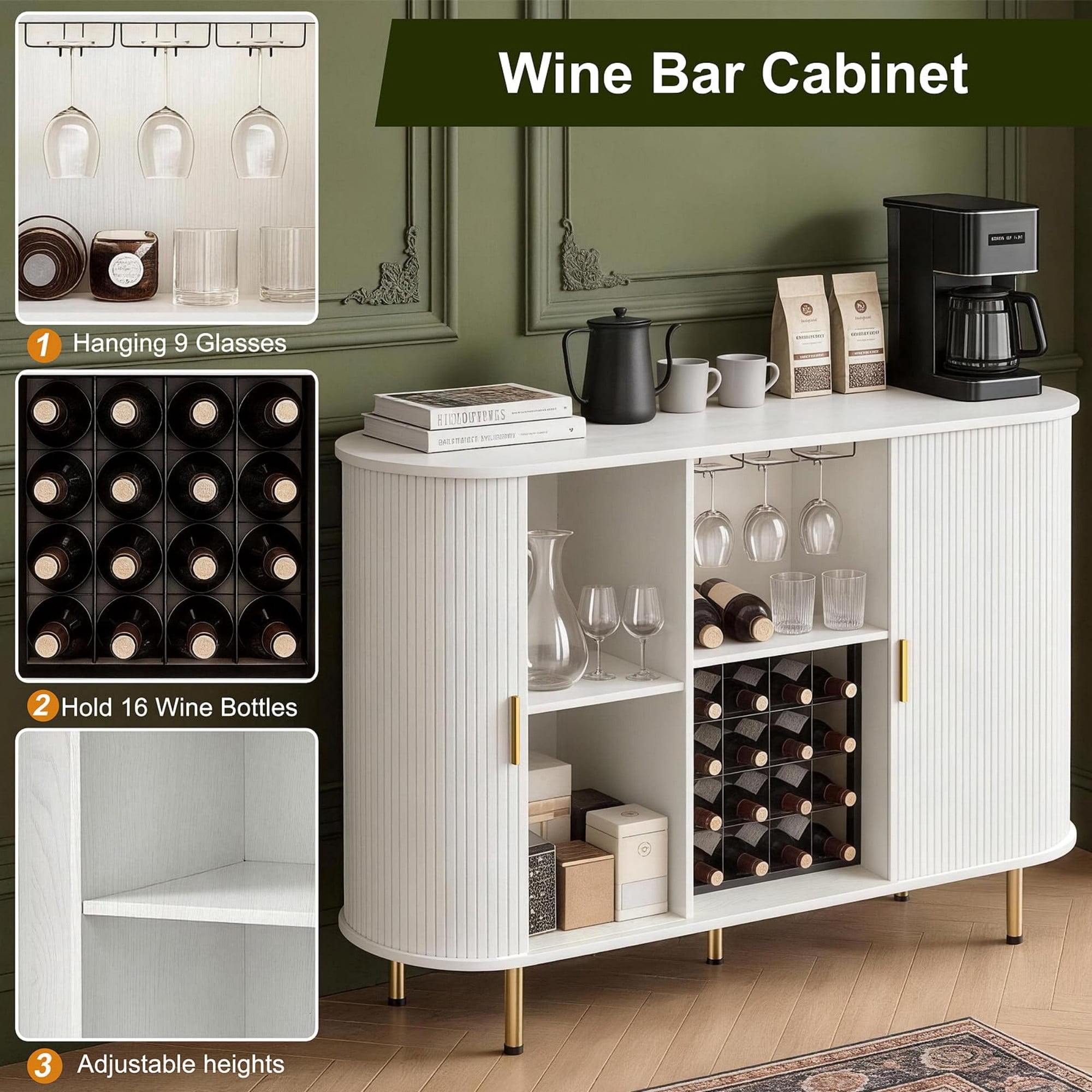 55" Wine Bar Cabinet with Storage, Fluted Coffee Bar Cabinet with Wine Rack & Glass Holder, LED Buffet Sideboard, White
