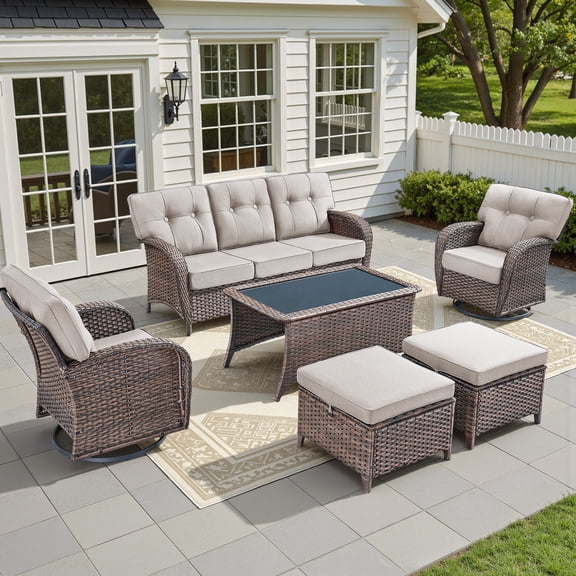 Gymojoy 6-Piece Patio Furniture Set, Rattan Sofa with Swivel Rockers, Ottomans and Coffee Table, Outdoor Wicker Conversation Set for Backyard, Porch & Garden, Beige