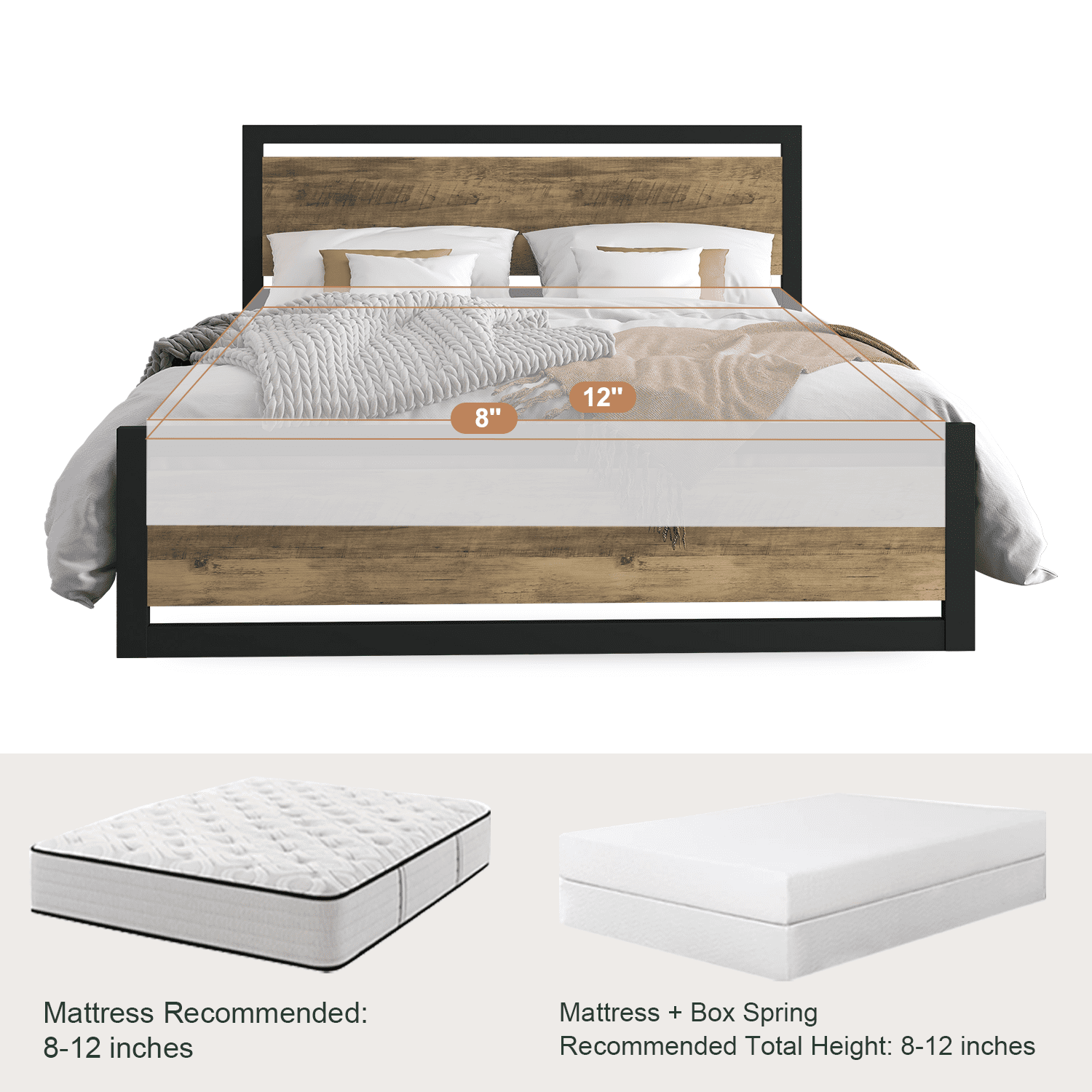 Amolife King Size Metal Platform Bed Frame with Wooden Headboard, 12.4" Under-Bed Storage, Brown