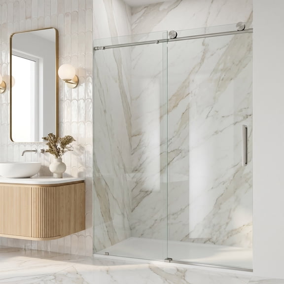 VIGO Elan 56 to 60 in. W x 76 in. H Frameless Sliding Shower Door with VMotion in Stainless Steel with Clear Glass