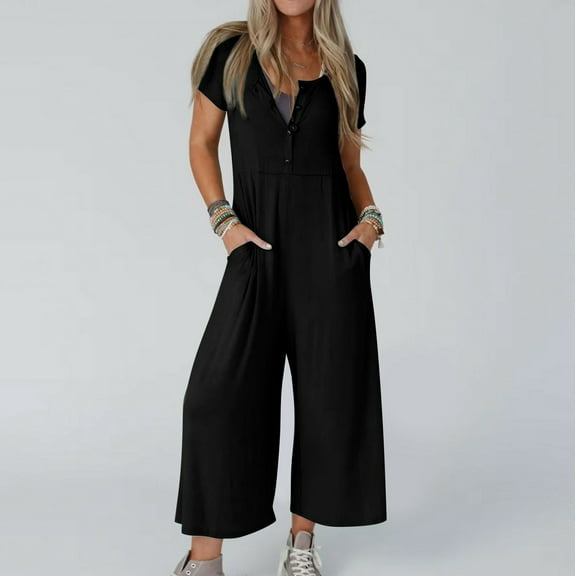 Valentines Day SEMPAI Women'S Solid Color Short-Sleeved Casual Wide-Leg Jumpsuit With Button Pockets Up to 65% off