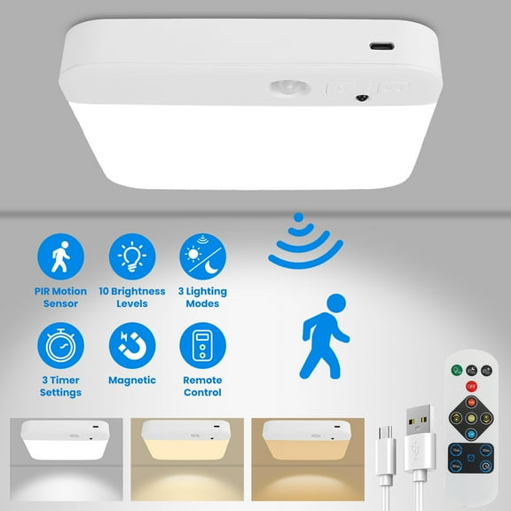 TeqHome Motion Sensor Ceiling Light with Remote Rechargeable Wireless Flush Ceiling Light with 3000K 4500K 6000K 3 Timer 10 Brightness for Closet Shower Stairs Shed Hallway Patio