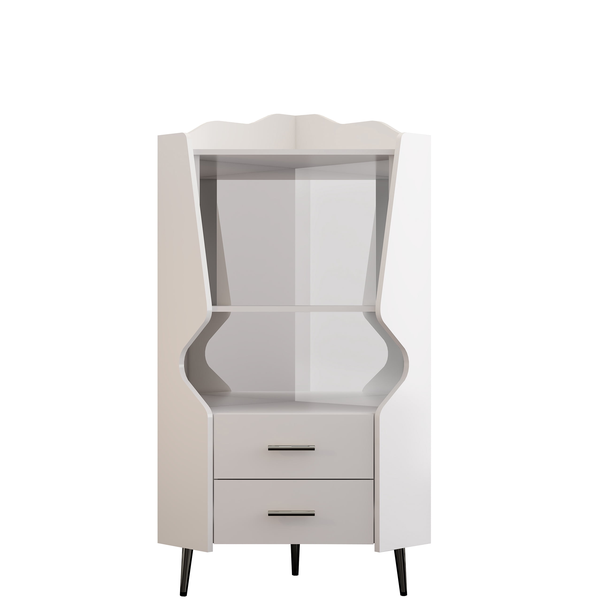 Leumius Corner Coffee Bar Cabinet with 2 Open Shelves and 2 Drawers,Mirrored Back Sideboard,High Legs for Dining Room,White