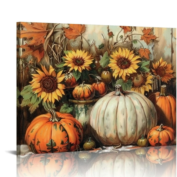PRATYUS Fall Decor Pumpkin Canvas Wall Art Living Room Wall Art Vintage Rustic Sunflower Flowers Pictures Prints Harvest Posters Autumn Home Decorations for Kitchen Thanksgiving Gifts 20x16in
