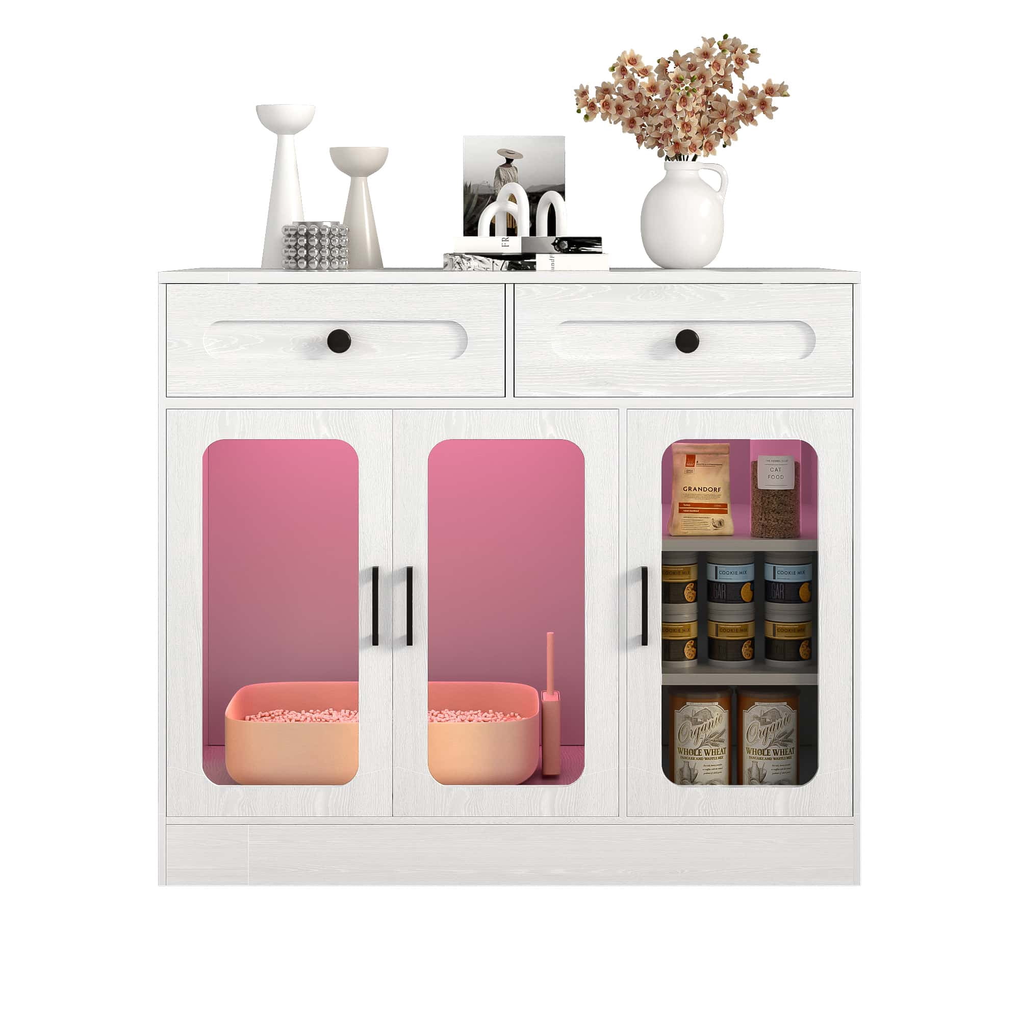 Cat Litter Box Enclosure with Glass Door and Side Access, Hidden Kitty Cabinet with Storage Drawers and Built-in Light, Indoor Cat House Side Table, White