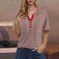thumbnail image 3 of Camiseta de Manga Corta para las Mujeres con Cuello en V de Impresión de Rayas con Botón, Blusa Casual para el Hogar Y Diario, 3 of 5