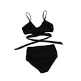 thumbnail image 5 of Female Two-Piece Bathing Suit, Solid Color Spaghetti Strap Bikini Tops+ Leopard Print Bikini Panties, 5 of 7